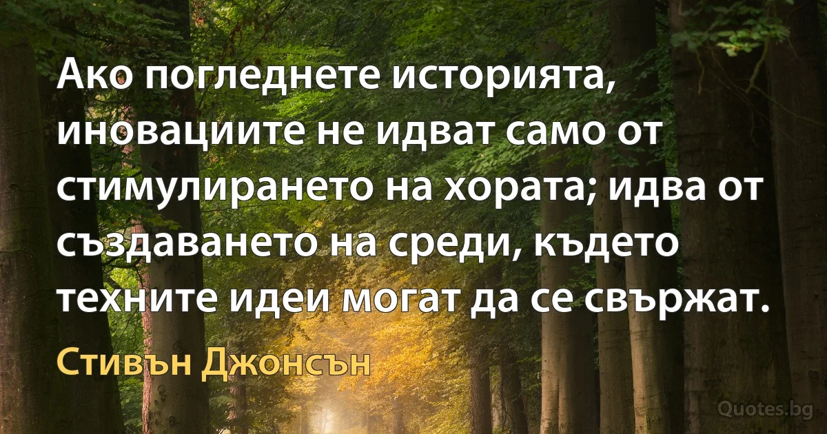 Ако погледнете историята, иновациите не идват само от стимулирането на хората; идва от създаването на среди, където техните идеи могат да се свържат. (Стивън Джонсън)