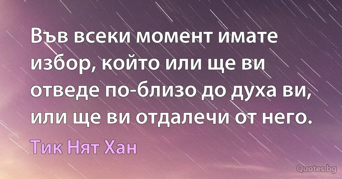 Във всеки момент имате избор, който или ще ви отведе по-близо до духа ви, или ще ви отдалечи от него. (Тик Нят Хан)