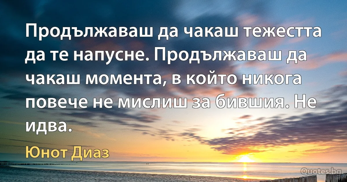 Продължаваш да чакаш тежестта да те напусне. Продължаваш да чакаш момента, в който никога повече не мислиш за бившия. Не идва. (Юнот Диаз)