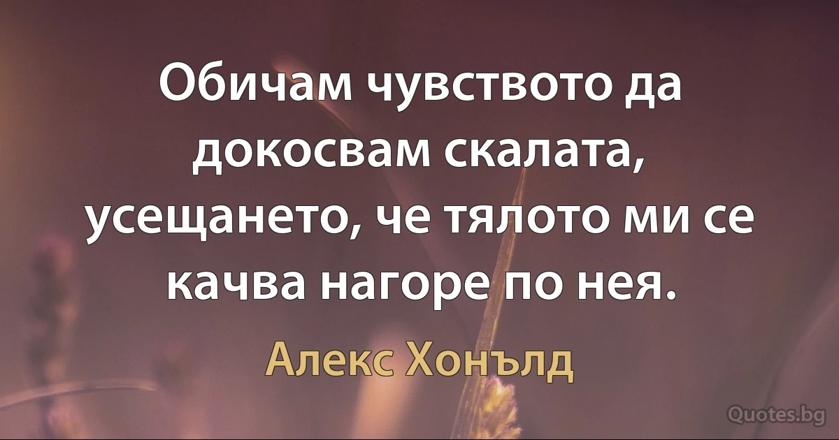 Обичам чувството да докосвам скалата, усещането, че тялото ми се качва нагоре по нея. (Алекс Хонълд)