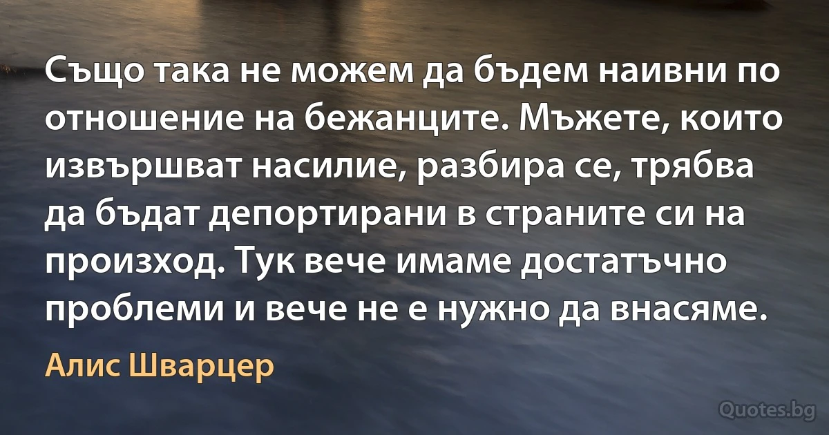 Също така не можем да бъдем наивни по отношение на бежанците. Мъжете, които извършват насилие, разбира се, трябва да бъдат депортирани в страните си на произход. Тук вече имаме достатъчно проблеми и вече не е нужно да внасяме. (Алис Шварцер)