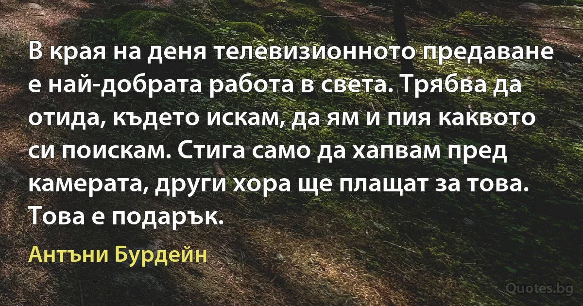 В края на деня телевизионното предаване е най-добрата работа в света. Трябва да отида, където искам, да ям и пия каквото си поискам. Стига само да хапвам пред камерата, други хора ще плащат за това. Това е подарък. (Антъни Бурдейн)