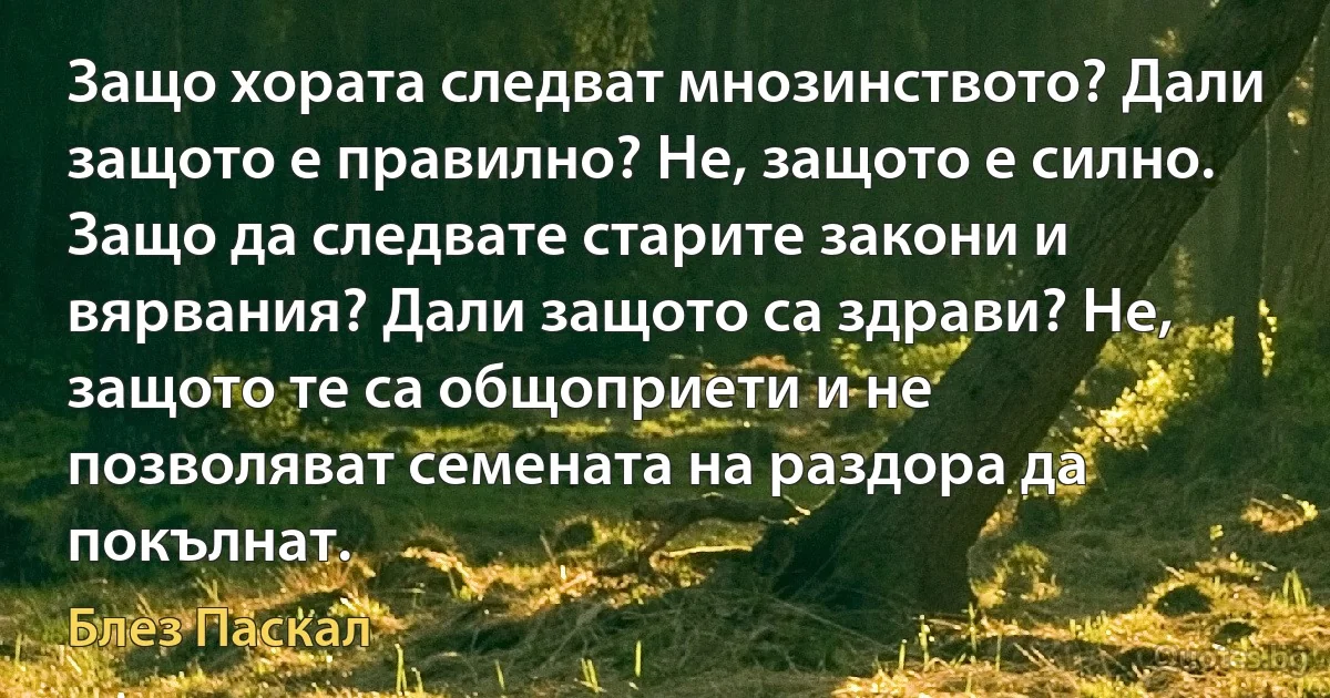 Защо хората следват мнозинството? Дали защото е правилно? Не, защото е силно. Защо да следвате старите закони и вярвания? Дали защото са здрави? Не, защото те са общоприети и не позволяват семената на раздора да покълнат. (Блез Паскал)