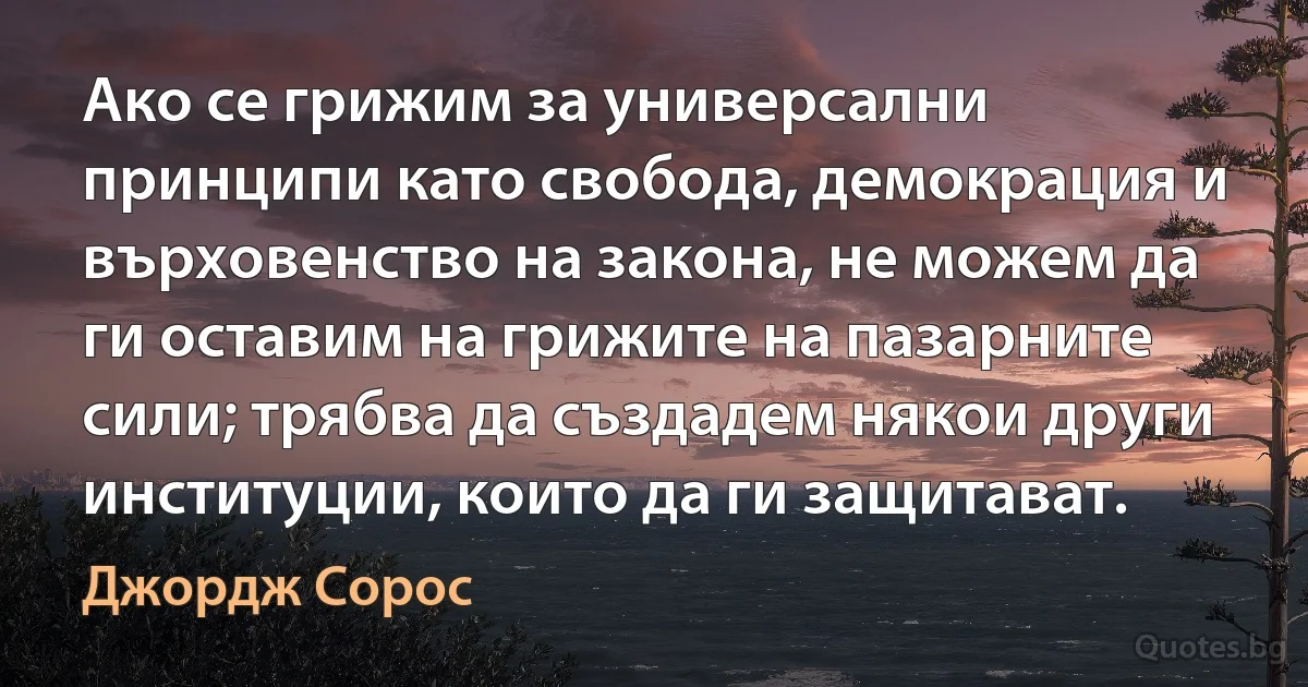 Ако се грижим за универсални принципи като свобода, демокрация и върховенство на закона, не можем да ги оставим на грижите на пазарните сили; трябва да създадем някои други институции, които да ги защитават. (Джордж Сорос)