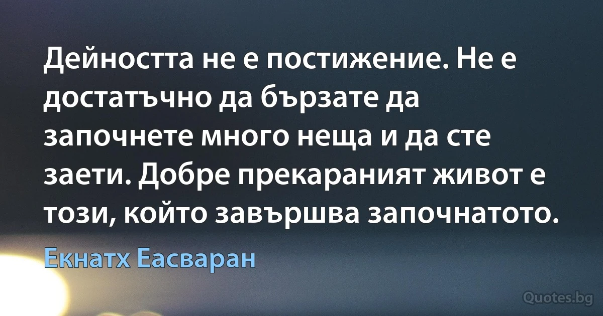 Дейността не е постижение. Не е достатъчно да бързате да започнете много неща и да сте заети. Добре прекараният живот е този, който завършва започнатото. (Екнатх Еасваран)