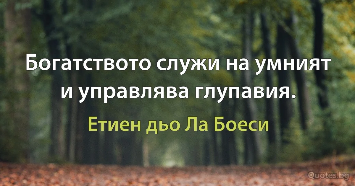 Богатството служи на умният и управлява глупавия. (Етиен дьо Ла Боеси)