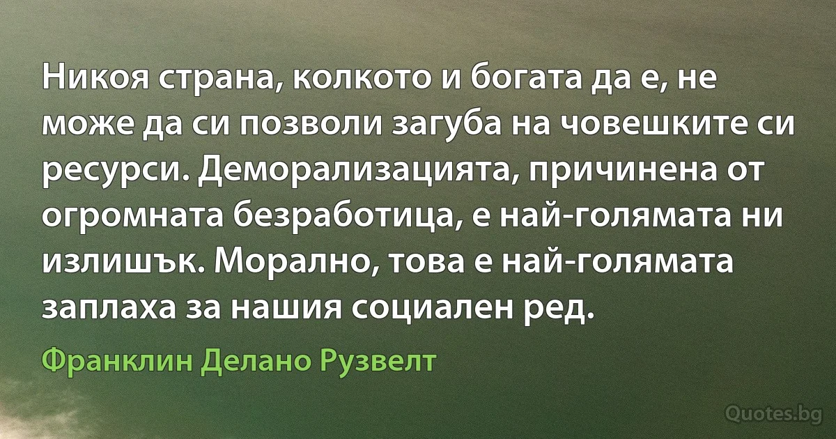 Никоя страна, колкото и богата да е, не може да си позволи загуба на човешките си ресурси. Деморализацията, причинена от огромната безработица, е най-голямата ни излишък. Морално, това е най-голямата заплаха за нашия социален ред. (Франклин Делано Рузвелт)