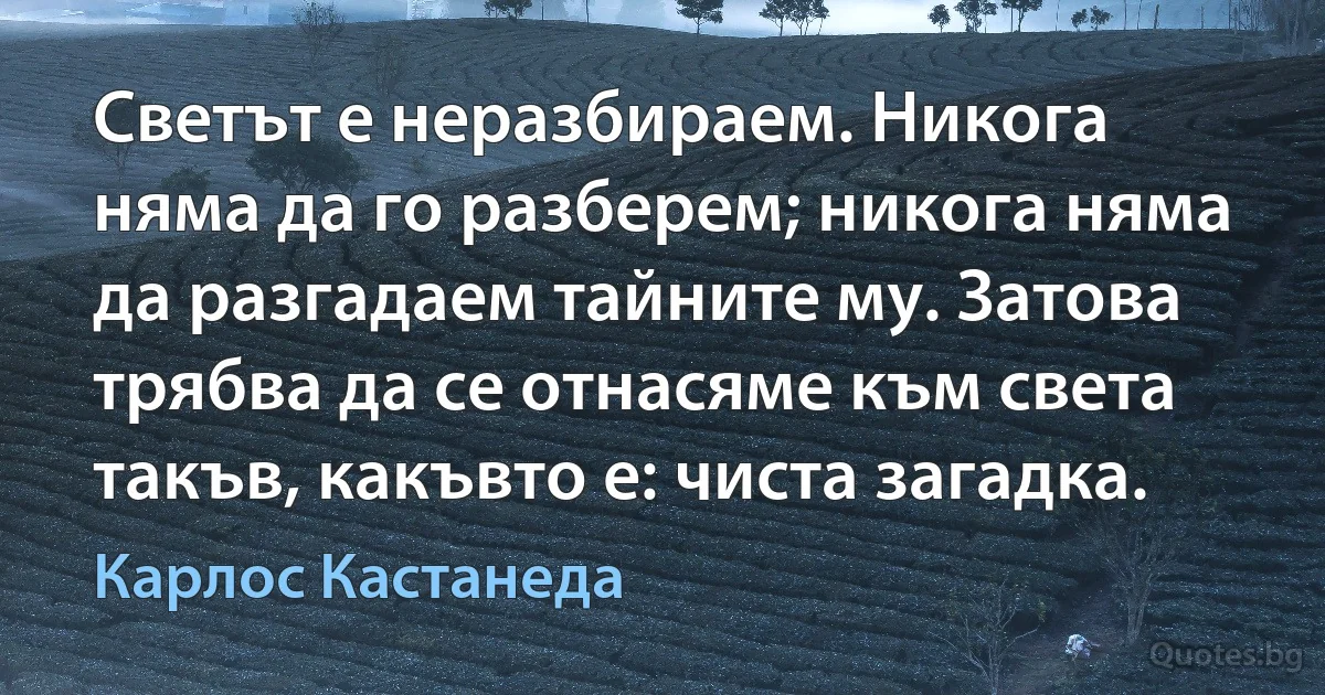 Светът е неразбираем. Никога няма да го разберем; никога няма да разгадаем тайните му. Затова трябва да се отнасяме към света такъв, какъвто е: чиста загадка. (Карлос Кастанеда)