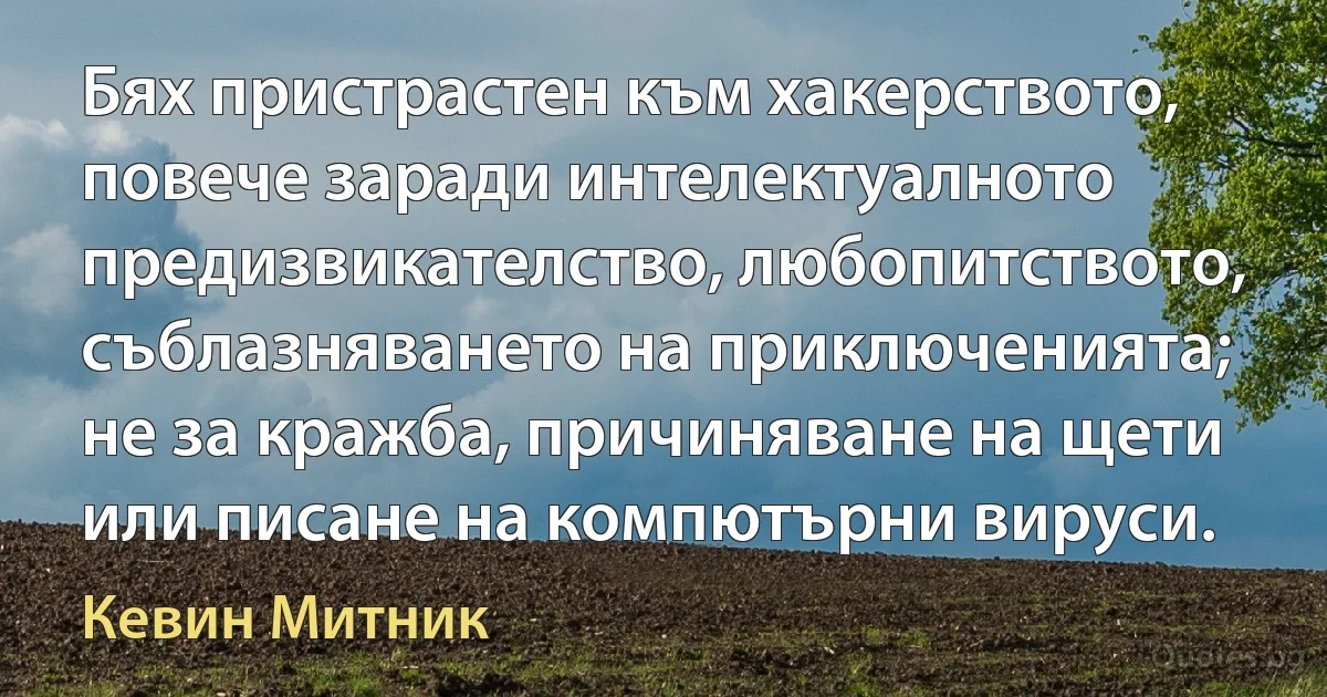 Бях пристрастен към хакерството, повече заради интелектуалното предизвикателство, любопитството, съблазняването на приключенията; не за кражба, причиняване на щети или писане на компютърни вируси. (Кевин Митник)