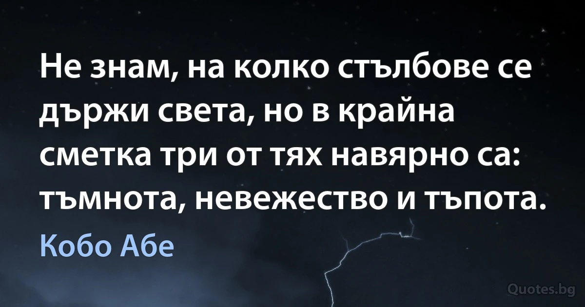 Не знам, на колко стълбове се държи света, но в крайна сметка три от тях навярно са: тъмнота, невежество и тъпота. (Кобо Абе)