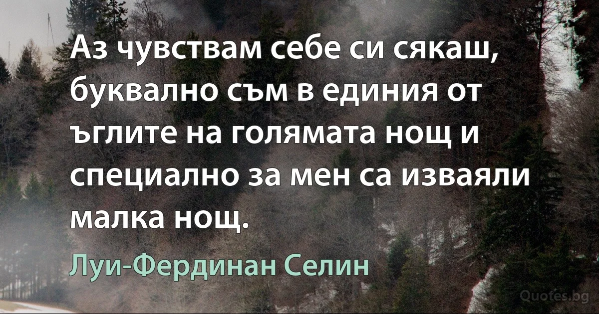 Аз чувствам себе си сякаш, буквално съм в единия от ъглите на голямата нощ и специално за мен са изваяли малка нощ. (Луи-Фердинан Селин)