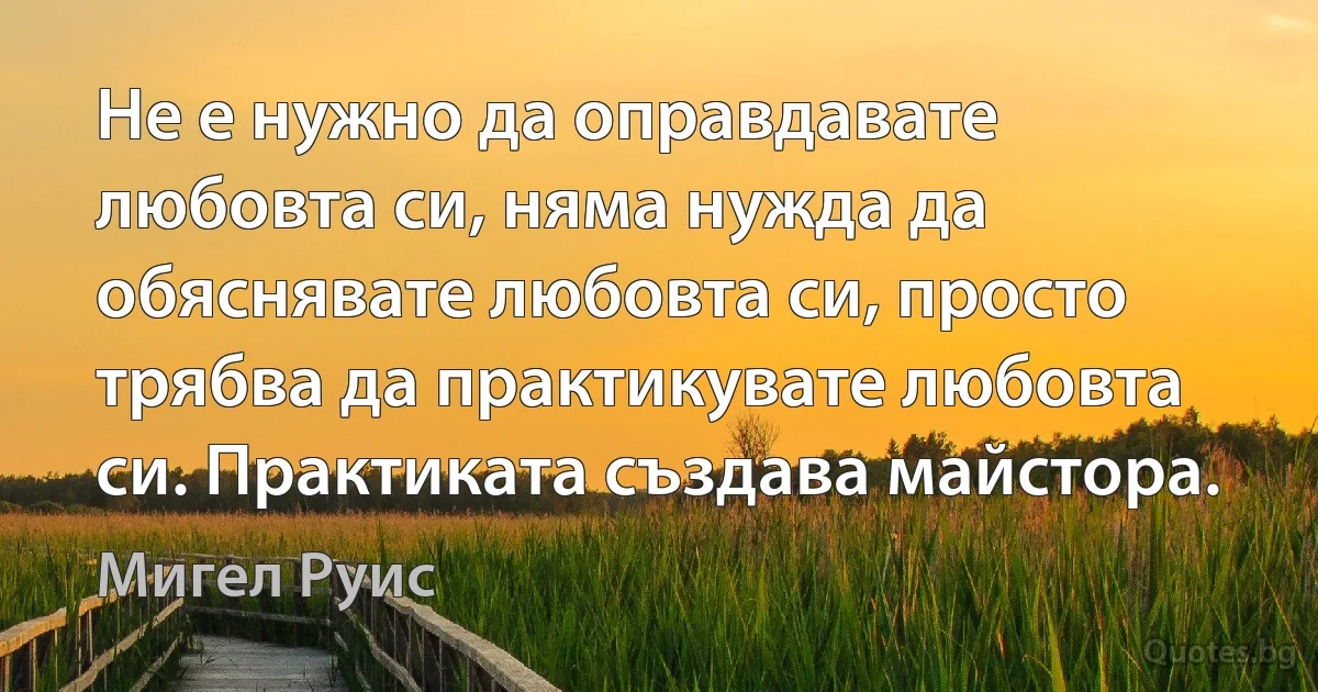 Не е нужно да оправдавате любовта си, няма нужда да обяснявате любовта си, просто трябва да практикувате любовта си. Практиката създава майстора. (Мигел Руис)