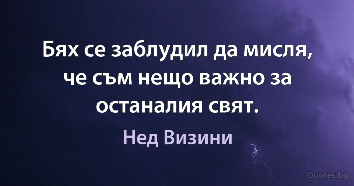 Бях се заблудил да мисля, че съм нещо важно за останалия свят. (Нед Визини)