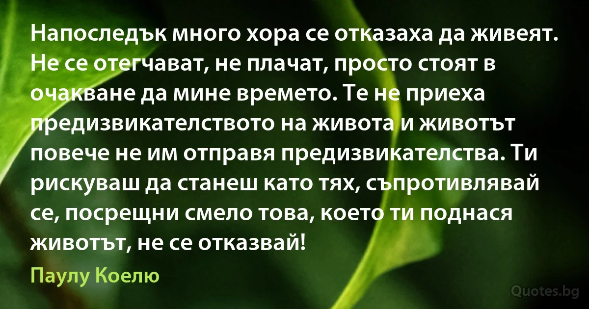 Напоследък много хора се отказаха да живеят. Не се отегчават, не плачат, просто стоят в очакване да мине времето. Те не приеха предизвикателството на живота и животът повече не им отправя предизвикателства. Ти рискуваш да станеш като тях, съпротивлявай се, посрещни смело това, което ти поднася животът, не се отказвай! (Паулу Коелю)