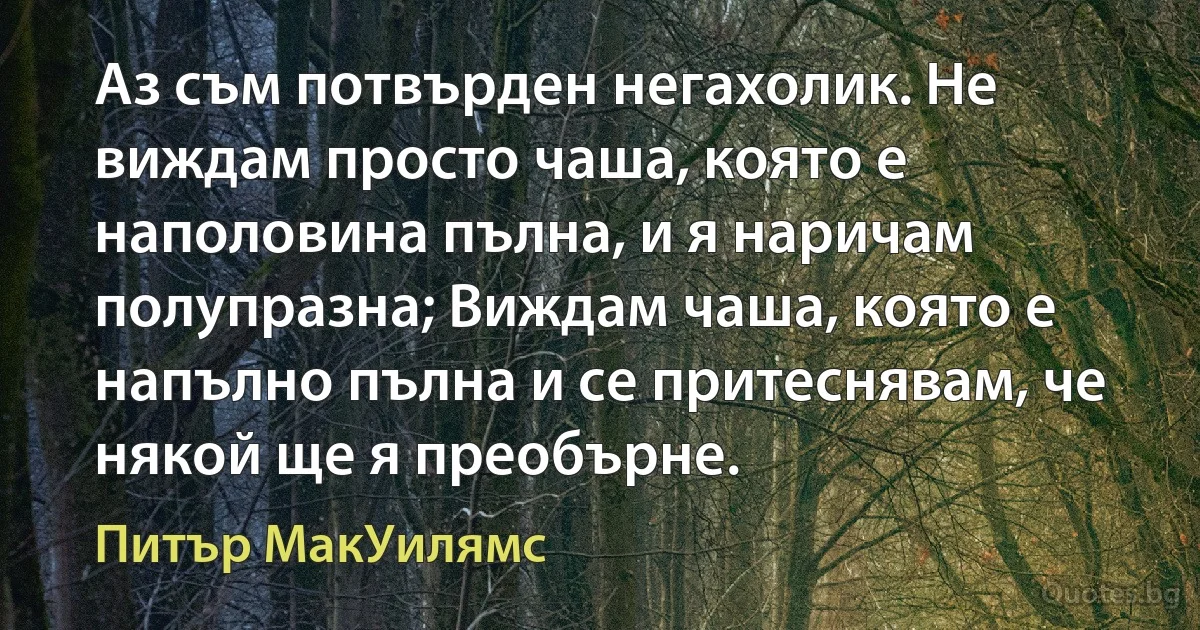 Аз съм потвърден негахолик. Не виждам просто чаша, която е наполовина пълна, и я наричам полупразна; Виждам чаша, която е напълно пълна и се притеснявам, че някой ще я преобърне. (Питър МакУилямс)