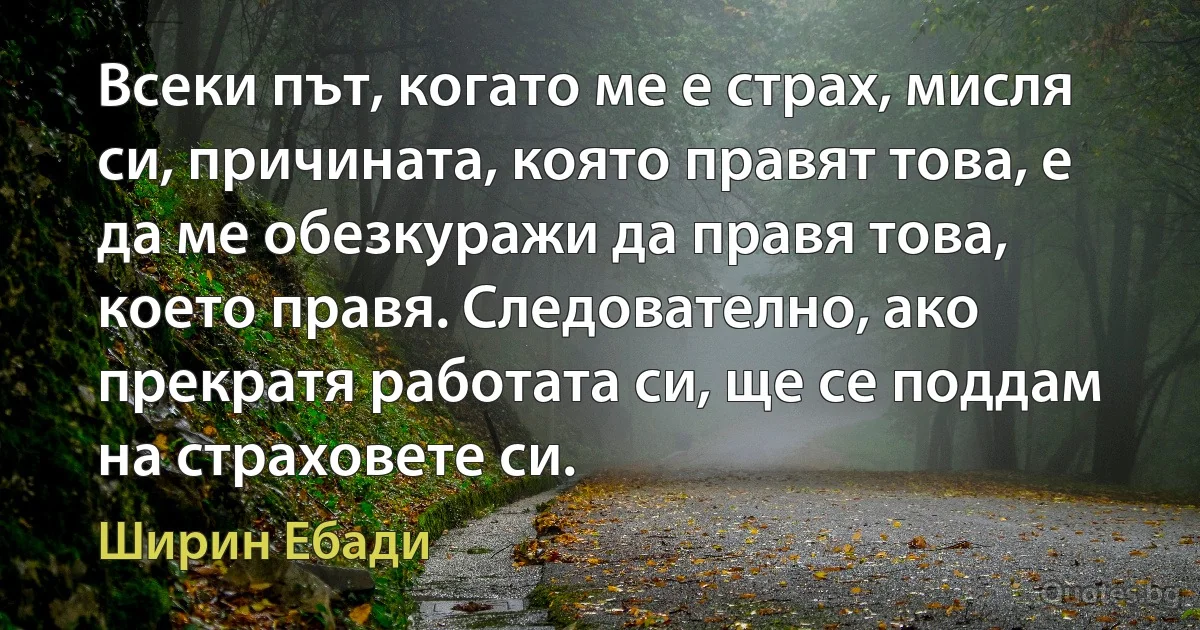 Всеки път, когато ме е страх, мисля си, причината, която правят това, е да ме обезкуражи да правя това, което правя. Следователно, ако прекратя работата си, ще се поддам на страховете си. (Ширин Ебади)