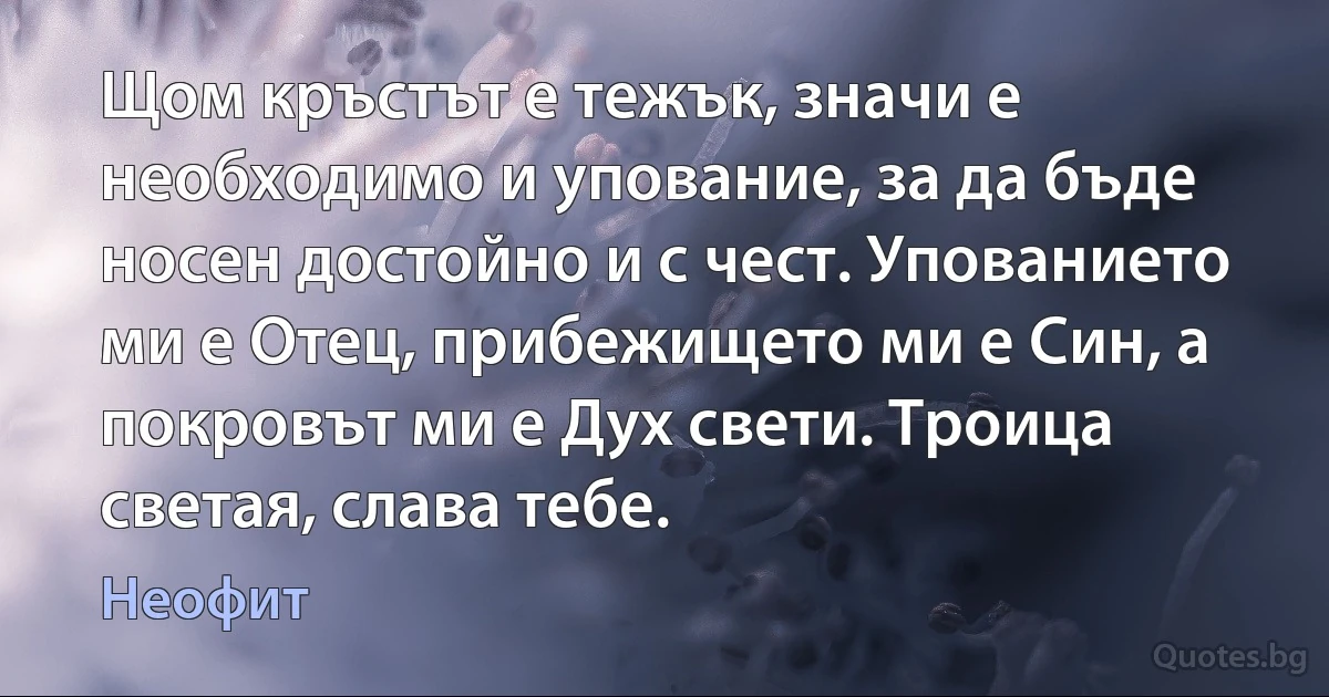 Щом кръстът е тежък, значи е необходимо и упование, за да бъде носен достойно и с чест. Упованието ми е Отец, прибежището ми е Син, а покровът ми е Дух свети. Троица светая, слава тебе. (Неофит)