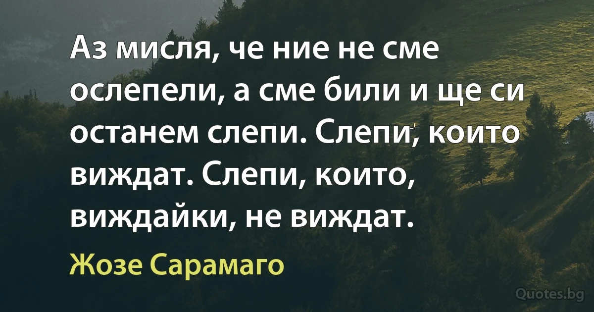 Аз мисля, че ние не сме ослепели, а сме били и ще си останем слепи. Слепи, които виждат. Слепи, които, виждайки, не виждат. (Жозе Сарамаго)