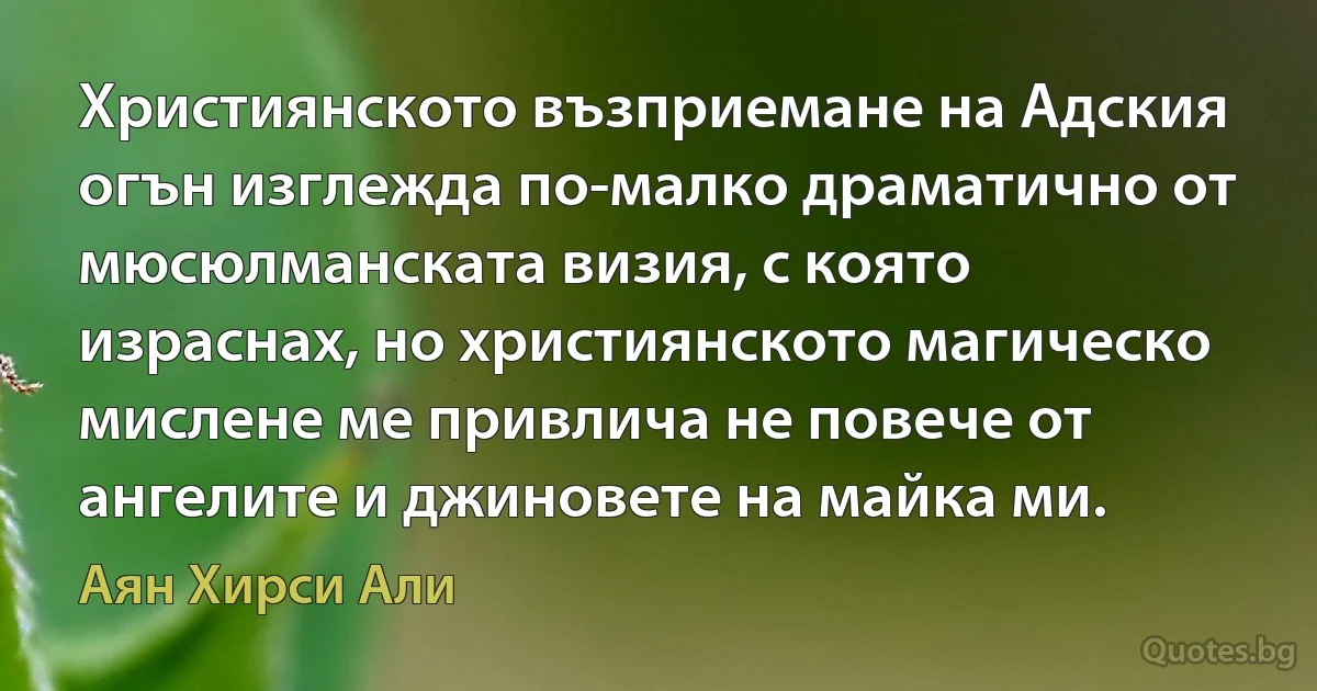 Християнското възприемане на Адския огън изглежда по-малко драматично от мюсюлманската визия, с която израснах, но християнското магическо мислене ме привлича не повече от ангелите и джиновете на майка ми. (Аян Хирси Али)