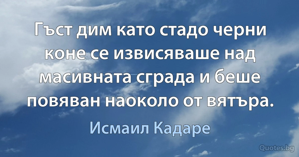 Гъст дим като стадо черни коне се извисяваше над масивната сграда и беше повяван наоколо от вятъра. (Исмаил Кадаре)