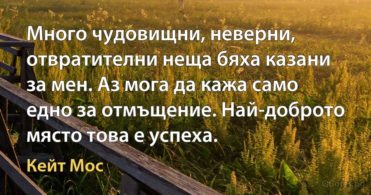 Много чудовищни, неверни, отвратителни неща бяха казани за мен. Аз мога да кажа само едно за отмъщение. Най-доброто място това е успеха. (Кейт Мос)