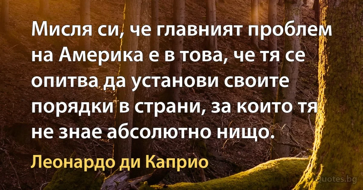 Мисля си, че главният проблем на Америка е в това, че тя се опитва да установи своите порядки в страни, за които тя не знае абсолютно нищо. (Леонардо ди Каприо)