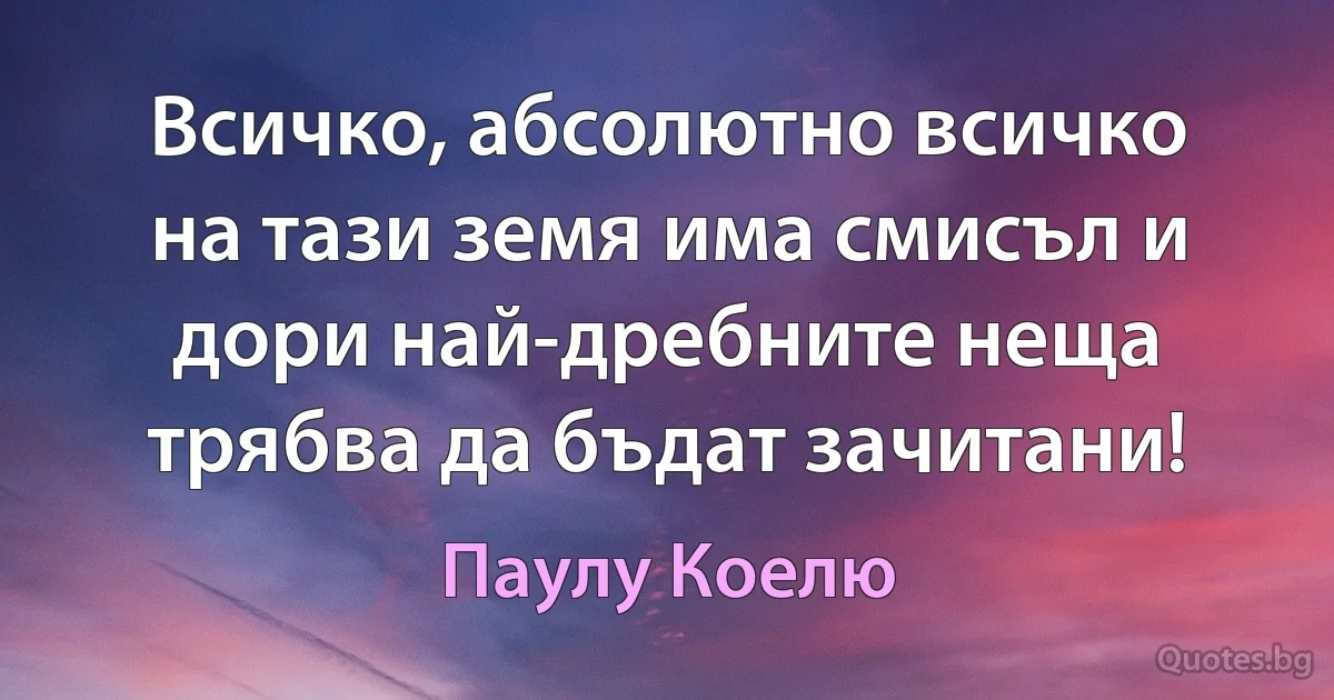 Всичко, абсолютно всичко на тази земя има смисъл и дори най-дребните неща трябва да бъдат зачитани! (Паулу Коелю)