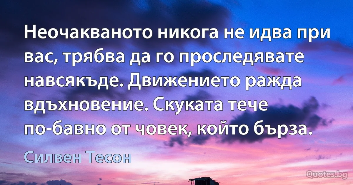 Неочакваното никога не идва при вас, трябва да го проследявате навсякъде. Движението ражда вдъхновение. Скуката тече по-бавно от човек, който бърза. (Силвен Тесон)