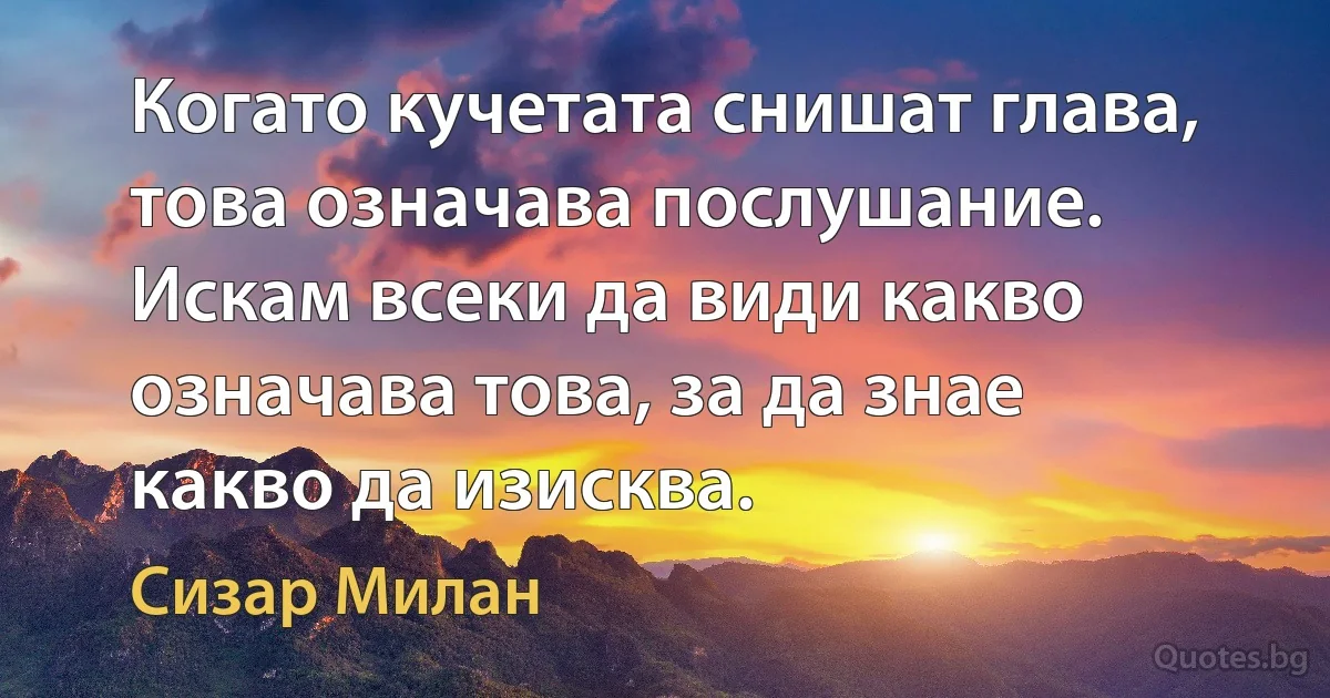 Когато кучетата снишат глава, това означава послушание. Искам всеки да види какво означава това, за да знае какво да изисква. (Сизар Милан)