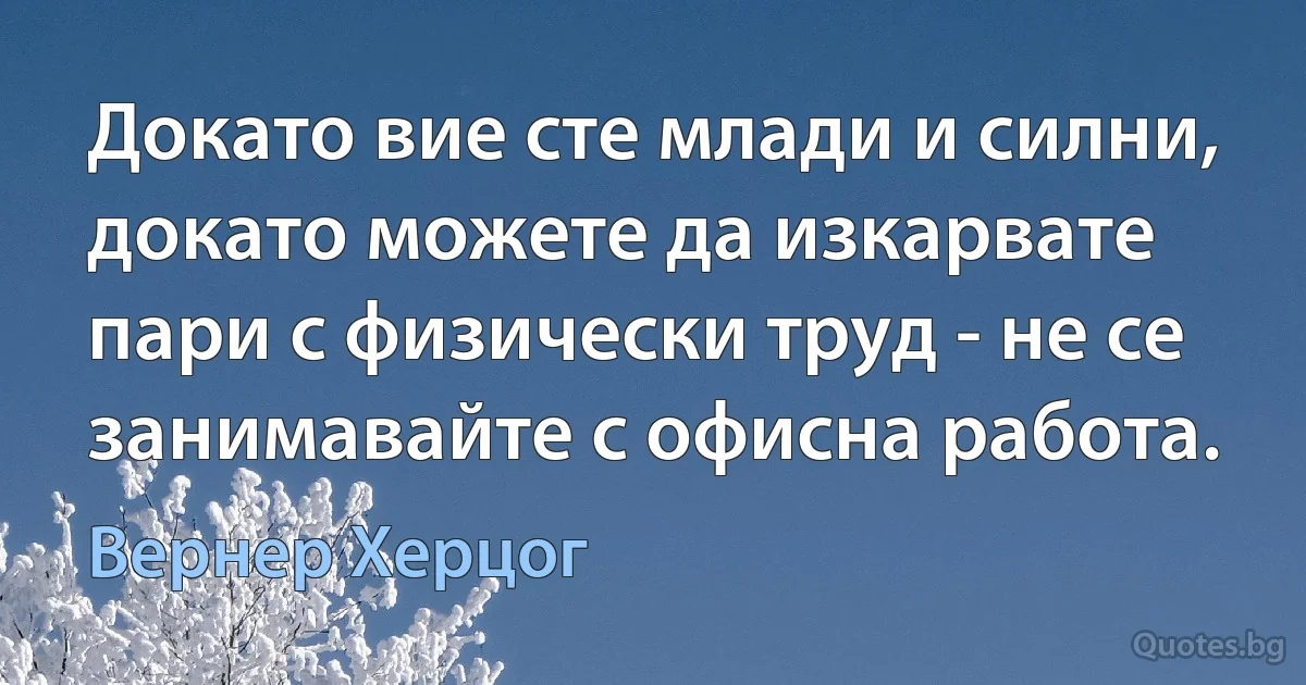 Докато вие сте млади и силни, докато можете да изкарвате пари с физически труд - не се занимавайте с офисна работа. (Вернер Херцог)