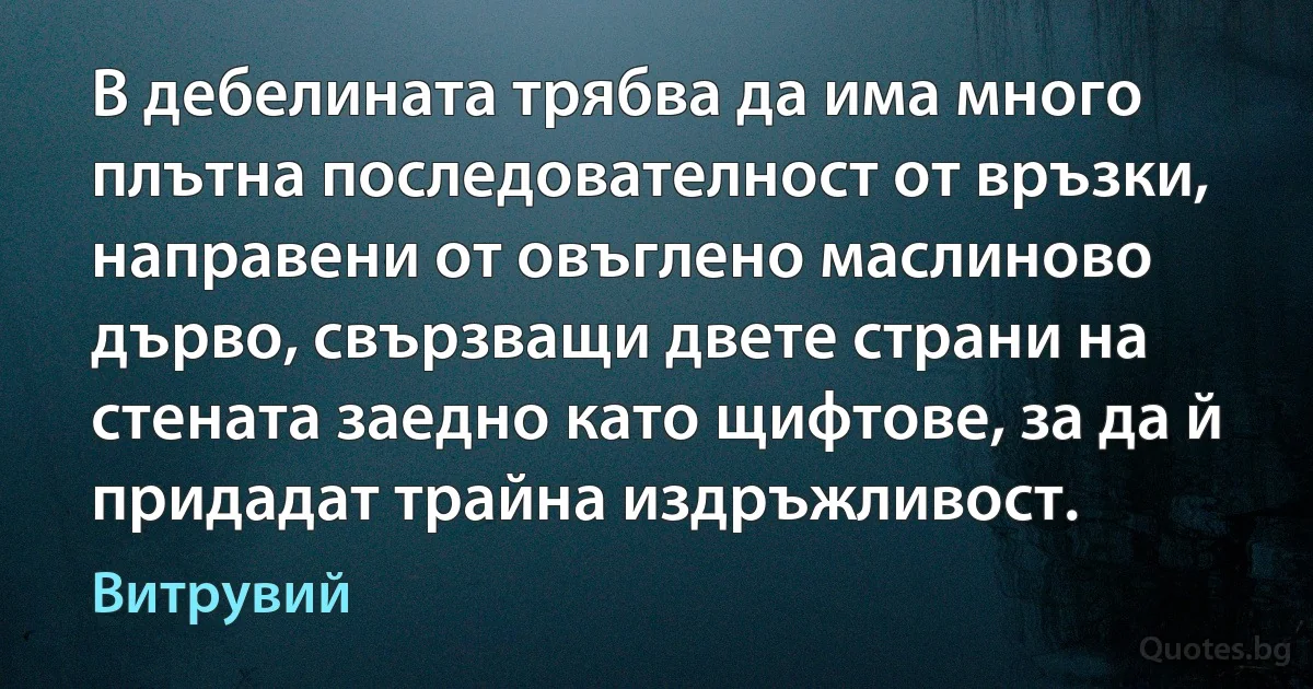 В дебелината трябва да има много плътна последователност от връзки, направени от овъглено маслиново дърво, свързващи двете страни на стената заедно като щифтове, за да й придадат трайна издръжливост. (Витрувий)