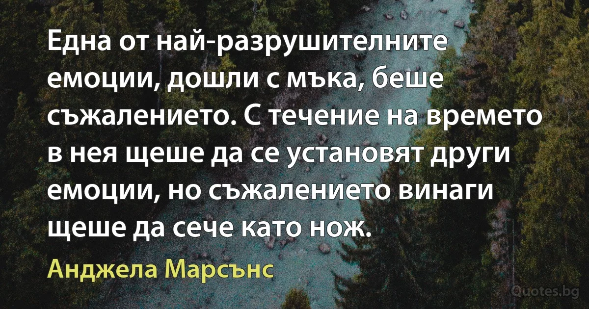 Една от най-разрушителните емоции, дошли с мъка, беше съжалението. С течение на времето в нея щеше да се установят други емоции, но съжалението винаги щеше да сече като нож. (Анджела Марсънс)