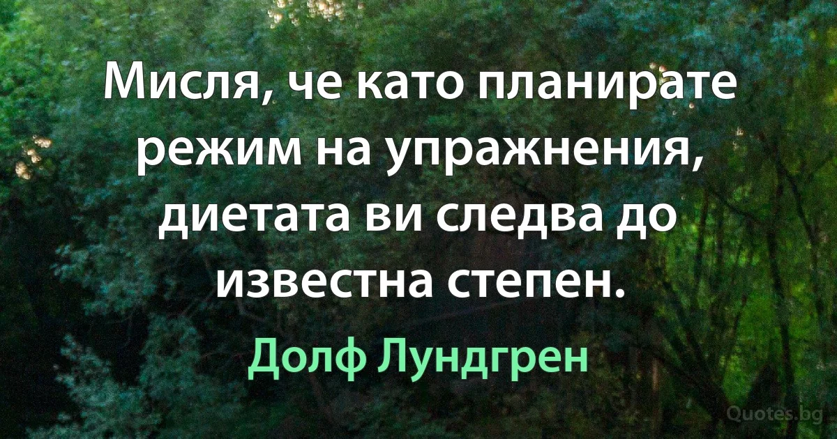 Мисля, че като планирате режим на упражнения, диетата ви следва до известна степен. (Долф Лундгрен)