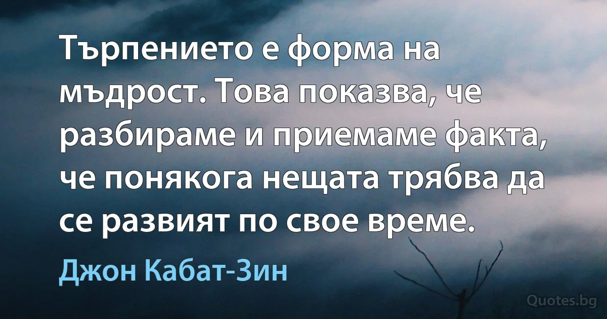 Търпението е форма на мъдрост. Това показва, че разбираме и приемаме факта, че понякога нещата трябва да се развият по свое време. (Джон Кабат-Зин)