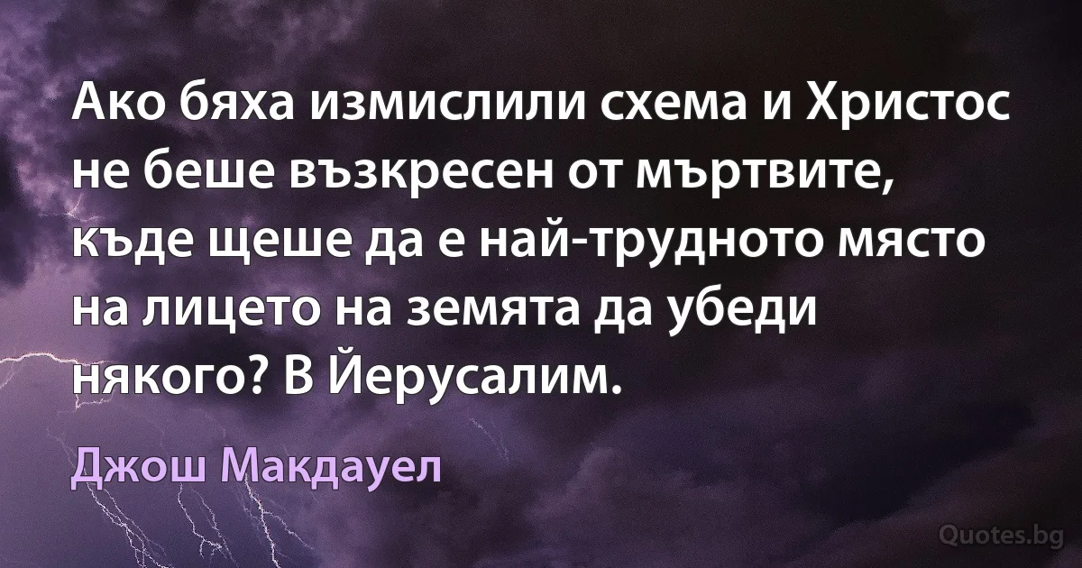 Ако бяха измислили схема и Христос не беше възкресен от мъртвите, къде щеше да е най-трудното място на лицето на земята да убеди някого? В Йерусалим. (Джош Макдауел)