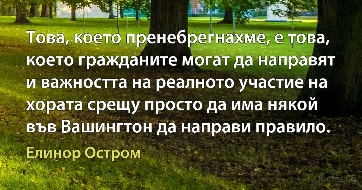 Това, което пренебрегнахме, е това, което гражданите могат да направят и важността на реалното участие на хората срещу просто да има някой във Вашингтон да направи правило. (Елинор Остром)