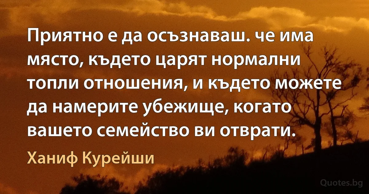 Приятно е да осъзнаваш. че има място, където царят нормални топли отношения, и където можете да намерите убежище, когато вашето семейство ви отврати. (Ханиф Курейши)