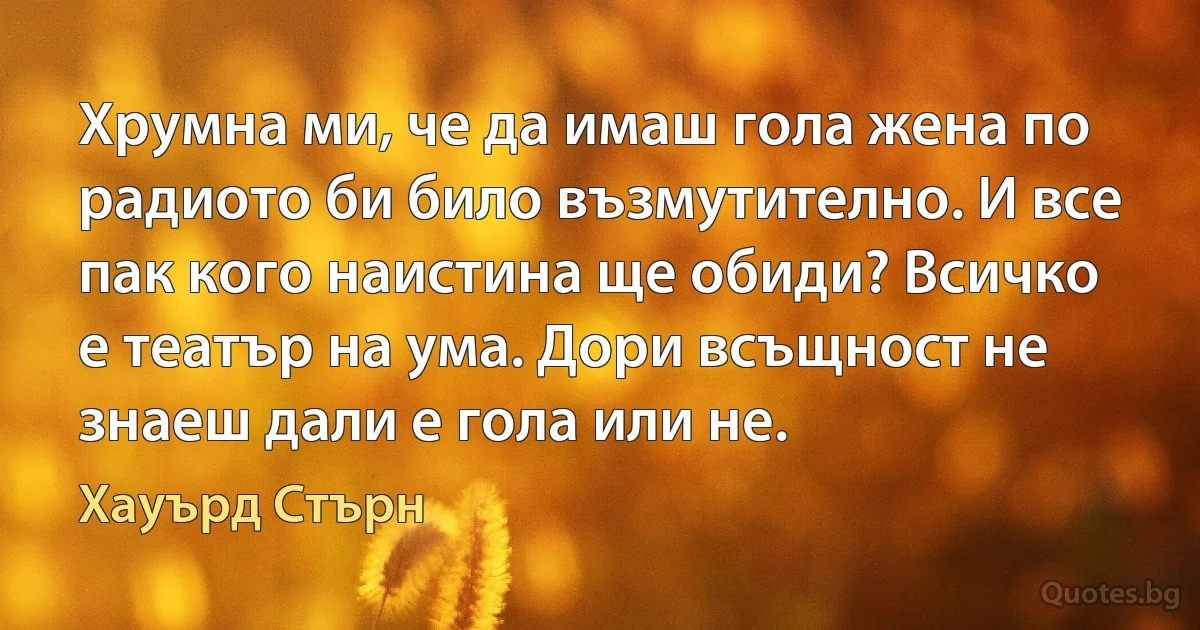 Хрумна ми, че да имаш гола жена по радиото би било възмутително. И все пак кого наистина ще обиди? Всичко е театър на ума. Дори всъщност не знаеш дали е гола или не. (Хауърд Стърн)