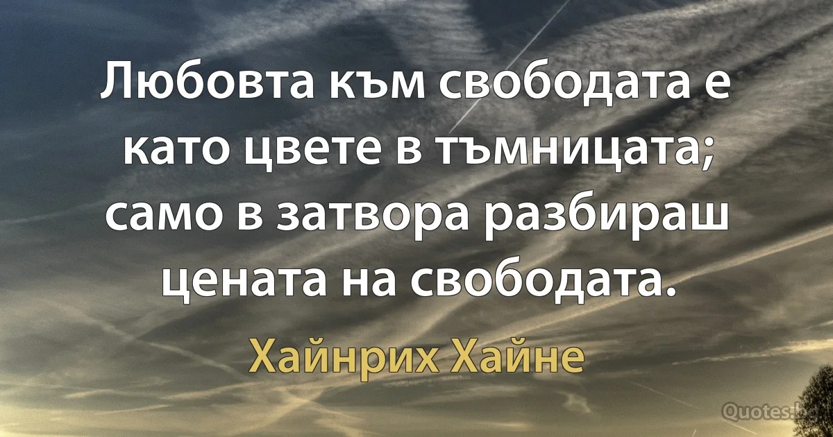 Любовта към свободата е като цвете в тъмницата; само в затвора разбираш цената на свободата. (Хайнрих Хайне)