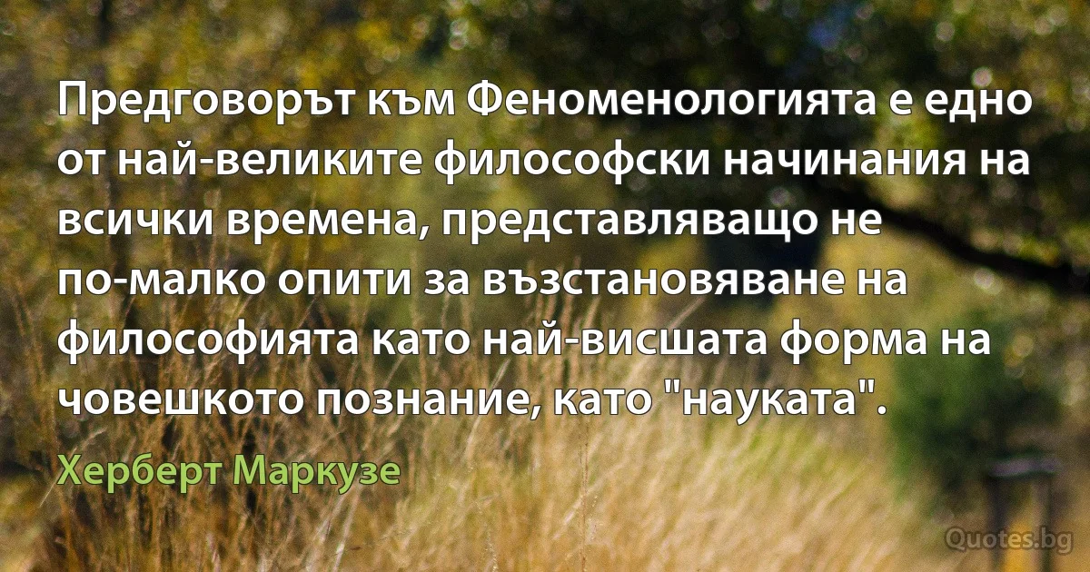 Предговорът към Феноменологията е едно от най-великите философски начинания на всички времена, представляващо не по-малко опити за възстановяване на философията като най-висшата форма на човешкото познание, като "науката". (Херберт Маркузе)