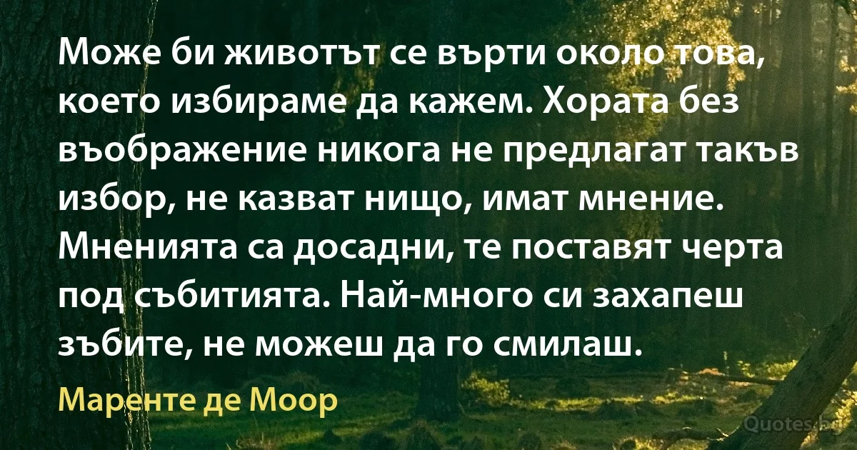 Може би животът се върти около това, което избираме да кажем. Хората без въображение никога не предлагат такъв избор, не казват нищо, имат мнение. Мненията са досадни, те поставят черта под събитията. Най-много си захапеш зъбите, не можеш да го смилаш. (Маренте де Моор)