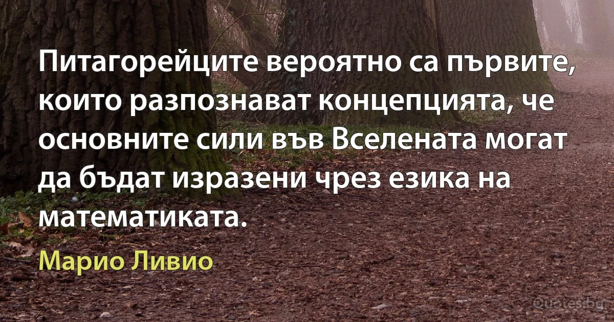 Питагорейците вероятно са първите, които разпознават концепцията, че основните сили във Вселената могат да бъдат изразени чрез езика на математиката. (Марио Ливио)