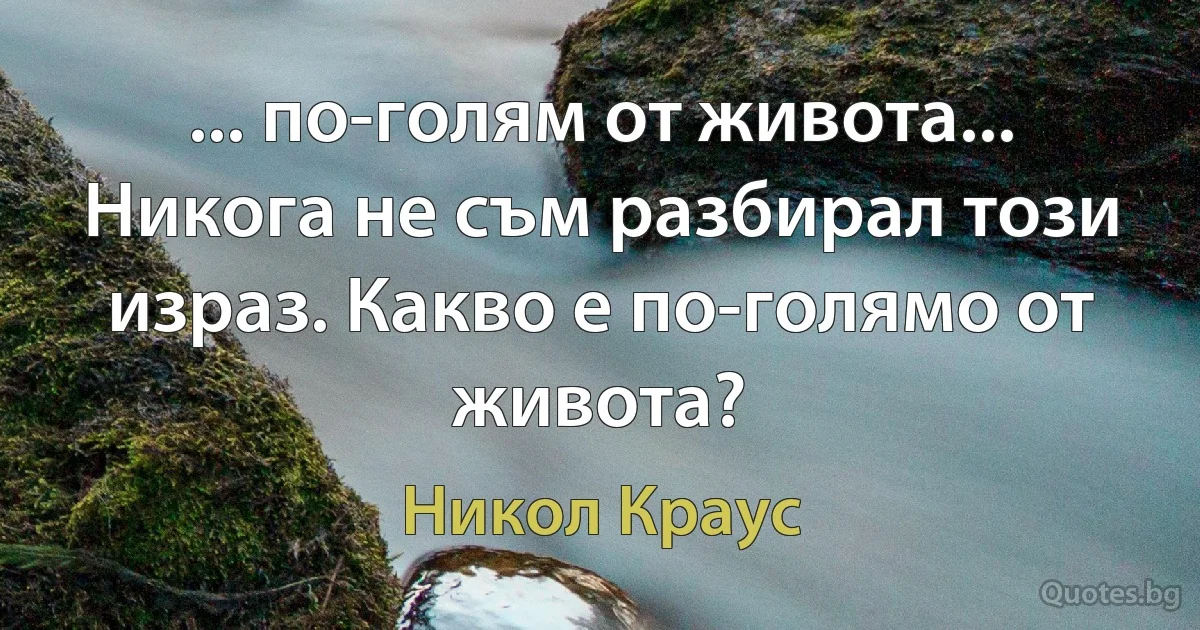 ... по-голям от живота... Никога не съм разбирал този израз. Какво е по-голямо от живота? (Никол Краус)