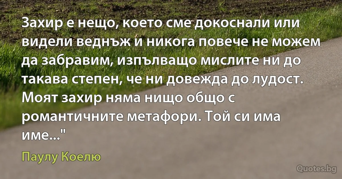 Захир е нещо, което сме докоснали или видели веднъж и никога повече не можем да забравим, изпълващо мислите ни до такава степен, че ни довежда до лудост. Моят захир няма нищо общо с романтичните метафори. Той си има име..." (Паулу Коелю)