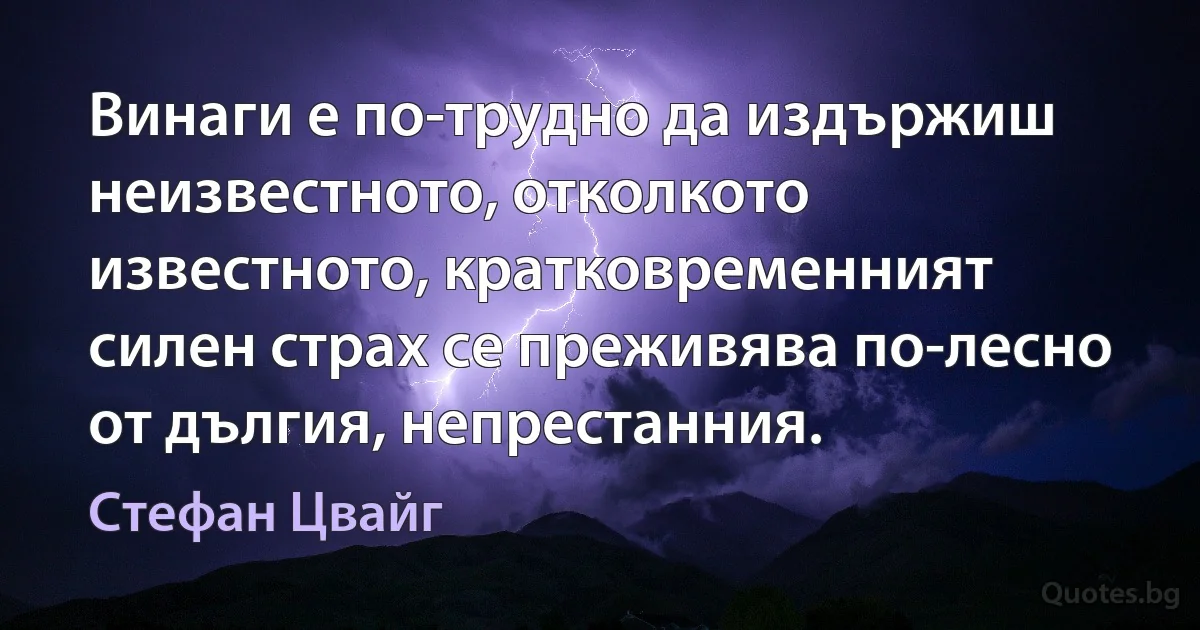 Винаги е по-трудно да издържиш неизвестното, отколкото известното, кратковременният силен страх се преживява по-лесно от дългия, непрестанния. (Стефан Цвайг)