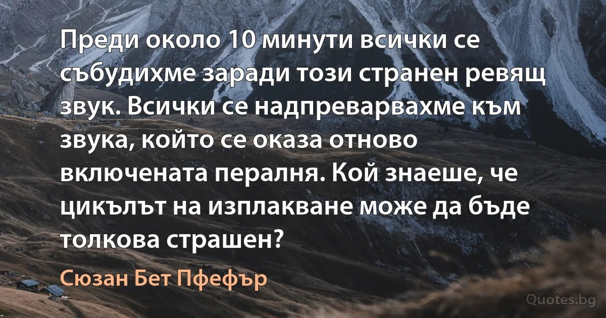 Преди около 10 минути всички се събудихме заради този странен ревящ звук. Всички се надпреварвахме към звука, който се оказа отново включената пералня. Кой знаеше, че цикълът на изплакване може да бъде толкова страшен? (Сюзан Бет Пфефър)