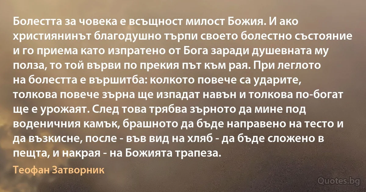 Болестта за човека е всъщност милост Божия. И ако християнинът благодушно търпи своето болестно състояние и го приема като изпратено от Бога заради душевната му полза, то той върви по прекия път към рая. При леглото на болестта е вършитба: колкото повече са ударите, толкова повече зърна ще изпадат навън и толкова по-богат ще е урожаят. След това трябва зърното да мине под воденичния камък, брашното да бъде направено на тесто и да възкисне, после - във вид на хляб - да бъде сложено в пещта, и накрая - на Божията трапеза. (Теофан Затворник)