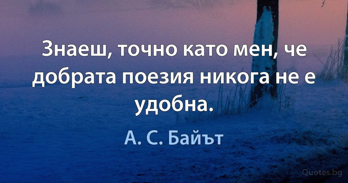 Знаеш, точно като мен, че добрата поезия никога не е удобна. (А. С. Байът)