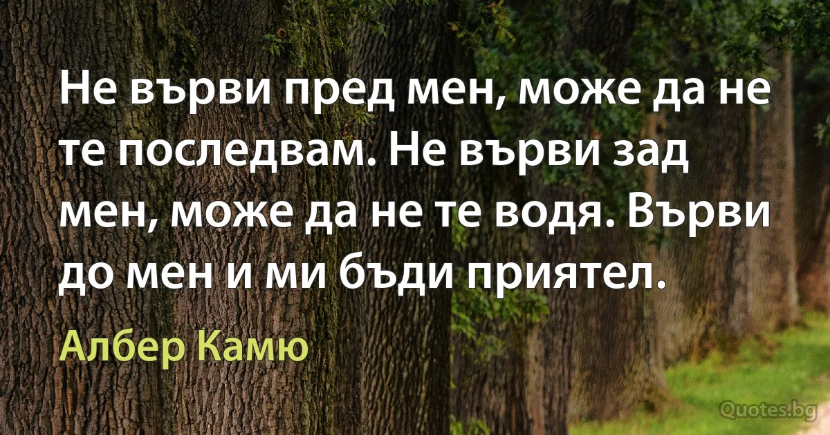 Не върви пред мен, може да не те последвам. Не върви зад мен, може да не те водя. Върви до мен и ми бъди приятел. (Албер Камю)