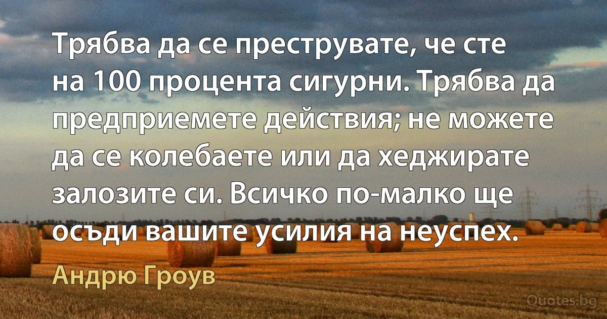 Трябва да се преструвате, че сте на 100 процента сигурни. Трябва да предприемете действия; не можете да се колебаете или да хеджирате залозите си. Всичко по-малко ще осъди вашите усилия на неуспех. (Андрю Гроув)